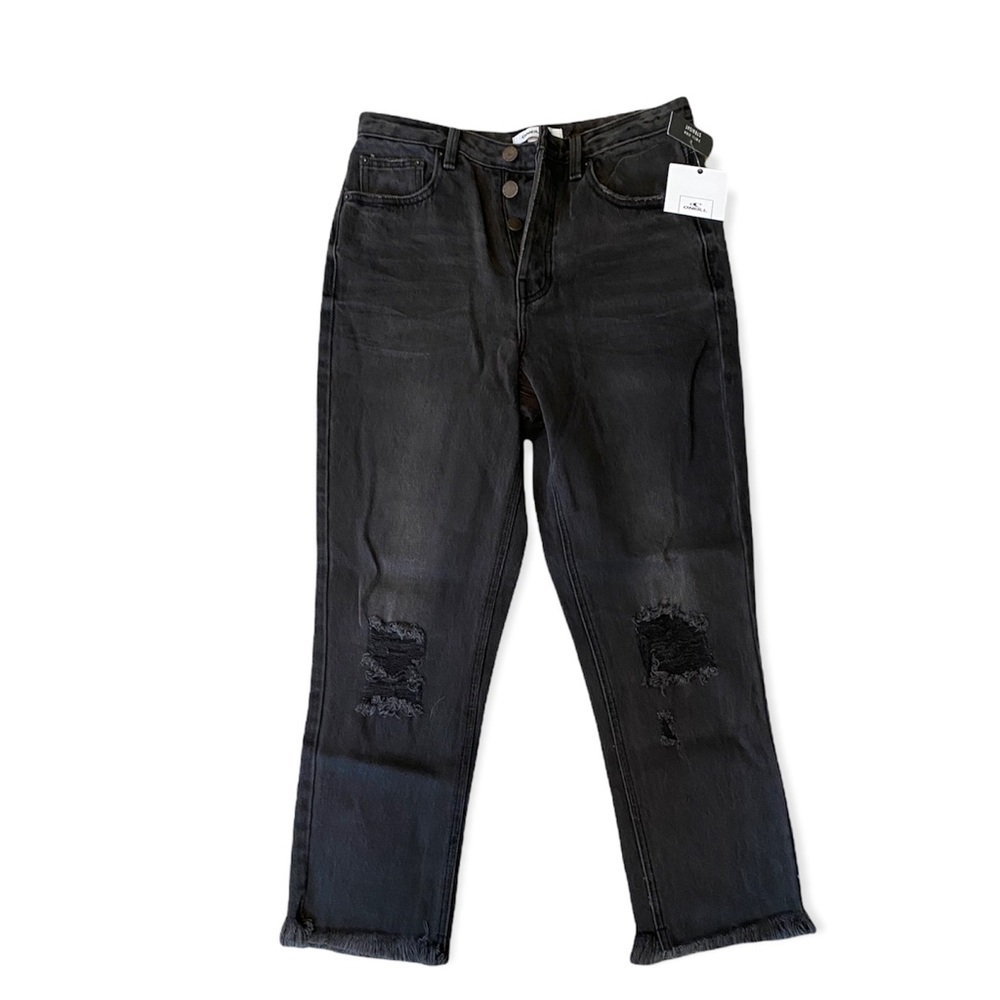 O’NEILL STRAIGHT CROPPED DISTRESSED BUTTON FRONT DENIM